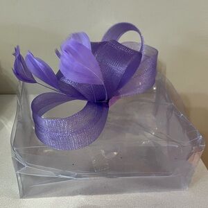 Fascinator lilac with feather accent wedding new in box Kentucky derby worthy